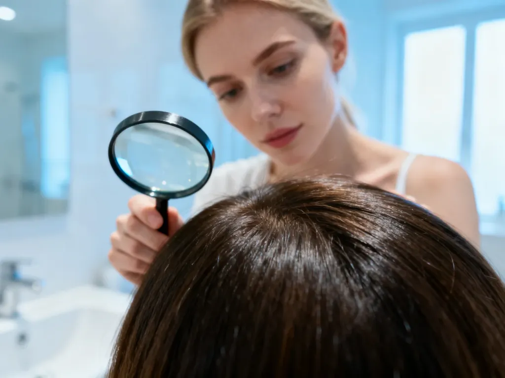 Kobieta oglądająca skórę głowy przez lupę, co ilustruje proces diagnozowania problemów dermatologicznych.
